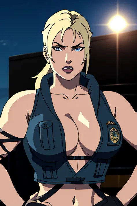 8k, best quality, real picture, intricate details, ultra-detailed, ultra highres, depth field, ,masterpiece  ((sonyablade)), european woman, cleavage, wearing a jacket, fingerless gloves, hand on hips, ((huge breasts: 1.4)),crop top, blue eyes, blonde hair...