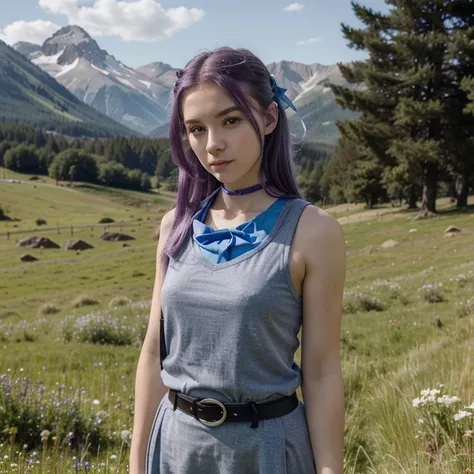 1girl, pretty face, 19 years old, small nose, pale skin, blue eyes, neckband, purple hair, small bow in hair, gray dress, dark leggings, blue vest, belt BREAK standing, playing wooden flute, open meadow, forest, mountains in the background