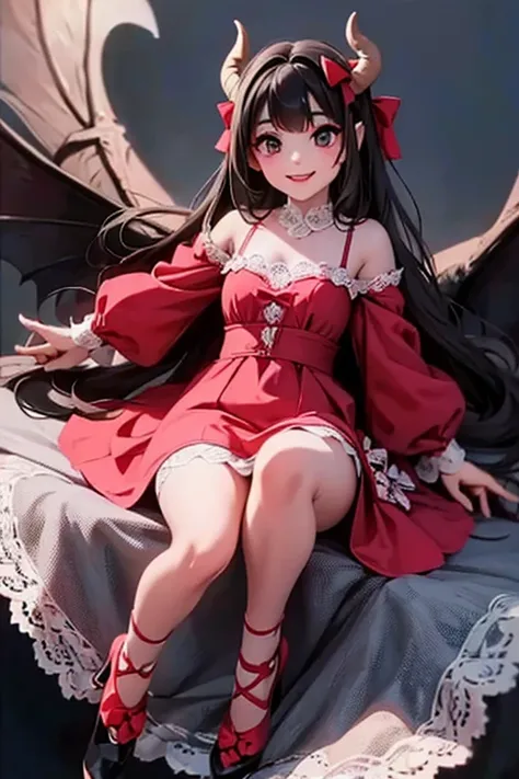 a close up of a (horned demon girl) smiling, wearing a lace cloth dress, black hair, red smokey eyes makeup, (hair bow), stockings, pumps, dramatic magic floating pose,