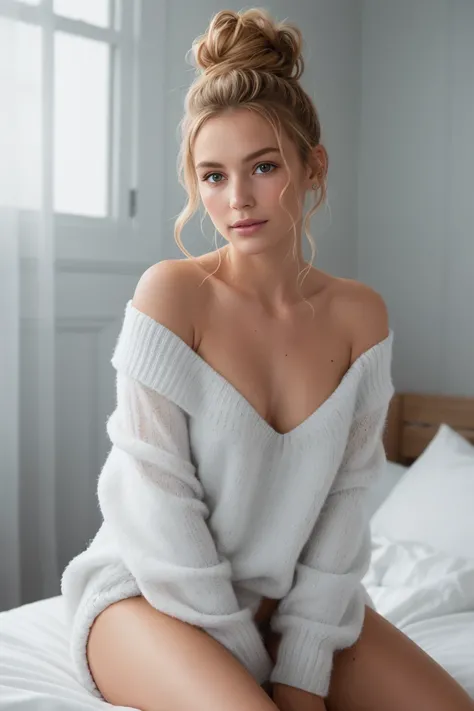 Blushed excited questioning Look, Monochrome, Woman sitting in fluffy comfy light blue terry cloth bed naked, Freckles, messy Hairbun, Coffee drips from chin into Large Cup, mystic, translucent, Close Up Portrait, Simple color Palette, Hd, very Detailed, b...