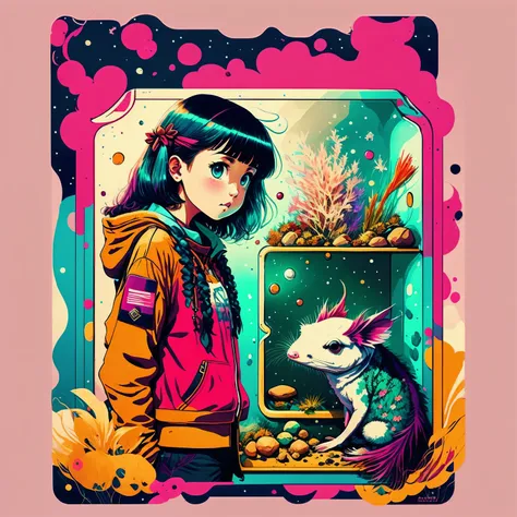 Photo of an explorer with an axolotl as a pet inside the space with a psychedelic backgroun, estilo de Laurie Greasley, Studio Ghibli, Akira Toriyama, James Gilleard, Genshin Impact, Trending Pixiv Fanbox, acrylic palette knife, 8K, cores vibrantes, DevinA...