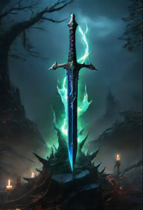 Magic Sword，legendary magic sword，Glory Magic Sword，Magic Sword,heavy metal style，metal art，Full metallic luster，Metal texture in the post-industrial era，Alloy wire crafts，crystal，Emerald inlay，Carefully crafted，Perfect craftsmanship，Magic lightning backgr...