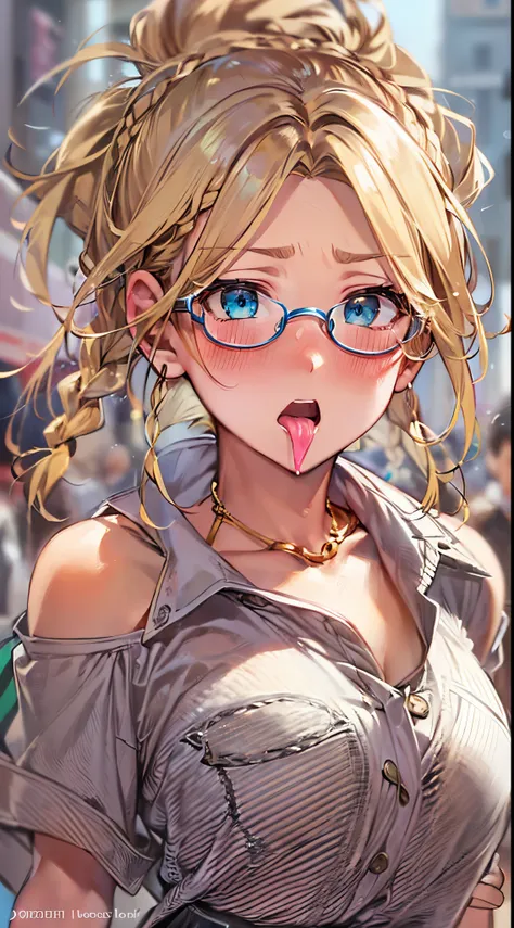 1womanl,Golden hair, ,((Impatient expression)),Beautiful breasts,,well-styled,,(Facing the front)(((Blushing cheeks、Surprised look)),(((Braids))),((( is standing,Portrait from the knee up)))Frameless glasses,Blue eyes,(Bangs are aligned)(((Street,Crowds)))...