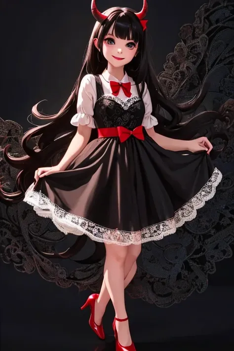 a (horned demon girl) smiling, wearing a lace cloth dress, black hair, red smokey eyes makeup, (hair bow), stockings, pumps, dramatic magic floating pose, (full body)