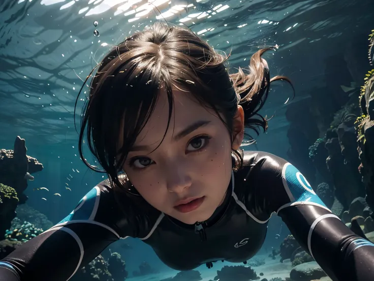 There is a girl diving at ocean wearing a wetsuit, underwater, short hair, lot of much creature (masterpiece, ultra-detailed, ultra-realistic, dynamic lighting, face detail:1.2), facelight, medium bust, diving pose