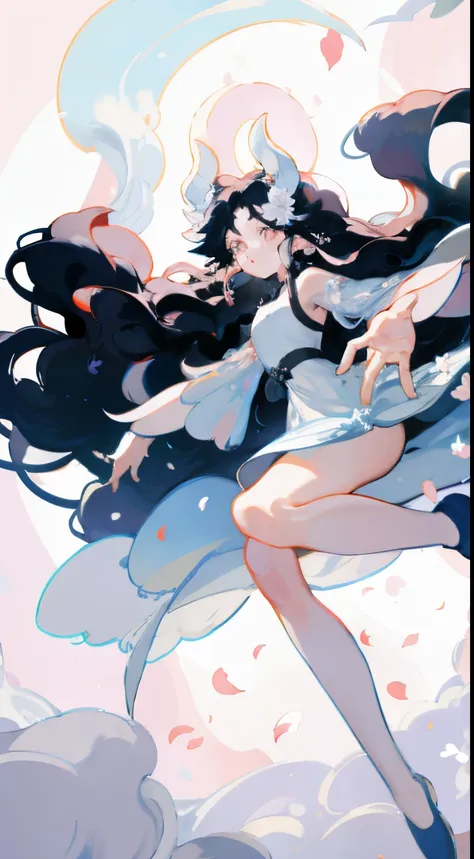 Long flowing brown hair，Fluorescent eyeshadow，Glowing pale eyes，Moon，Demon-free，Plush ears，rays of moonlight，Flowing tulle，Best Picture Quality，Transparent flowers，Gradient petals，Hua Dian，Noodles，Long legs，Clarity，rot，National style beauty