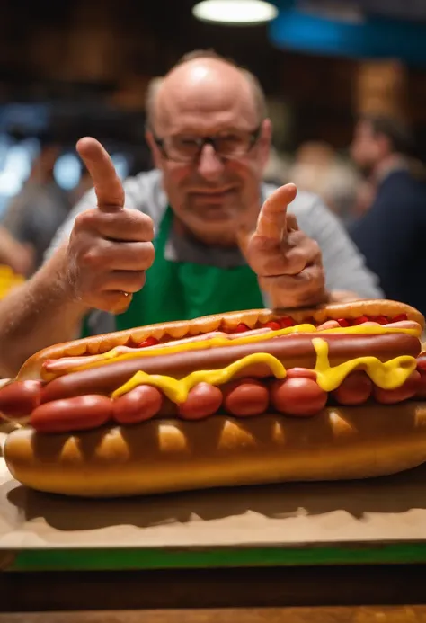 Hotdogfingers at a food sculpture contest, creating a hot dog masterpiece,original,He’s a middle aged man who is balding but the star of the show is that his fingers are hot dogs