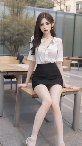 best qualtiy, Full body like，Refined face，A pair of smart eyes，pretty  face，25 years old woman，slimfigure，Larger bust，office lady uniform，Office wear，white stockings，Outdoor scene，Sit Pose，yellow long hair