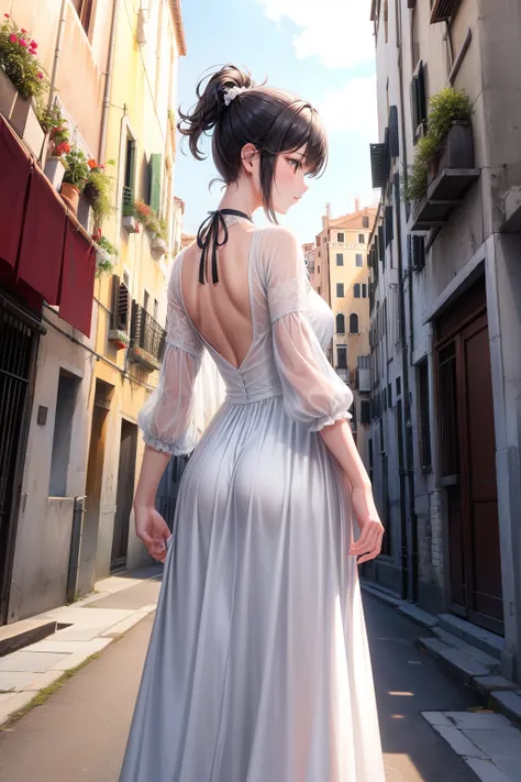 1girl in, top-quality、lighting like a movie、(Black ponytail)、(White long dress)、back alleys of venice、City of Water、