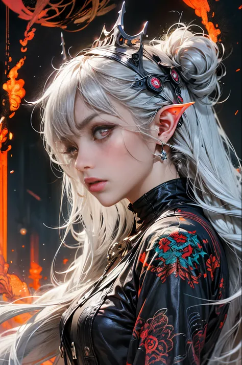 masterpiece, best quality, ultra-detailed, absurdres, colorful, 1girl, solo, (solid red eyes:1.0), (white hair, long hair, straight hair, hair over one eye:1.0), detailed eyes, wide-eyed, eyelashes, (upper body:0.8), monster girl, side view, glowing eyes, ...