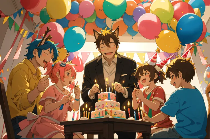 cover page, anime key visual, highres, top quality, best quality, paid reward available, High-quality illustrations, unparalleled masterpiece, perfect artwork, absurdres(A family at a birthday party, child blowing out candles on a birthday cake)(room decor...