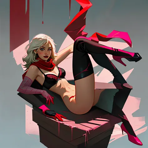 Spider Gwen, Gwen Stacy, aranhaverso, pink bra, red detail on bra, stockings, Black stockings, calcinha rosa, calcinha listrada, detalhe vermelho na calcinha, quarto, noite, red scarf, envergonhada, 8k, melhor qualidade,