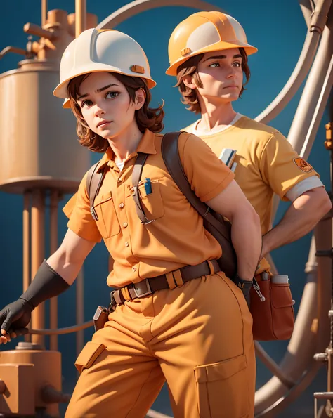 An oil industry worker wearing an orange uniform and a white protective helmet, Disney Pixar animation style