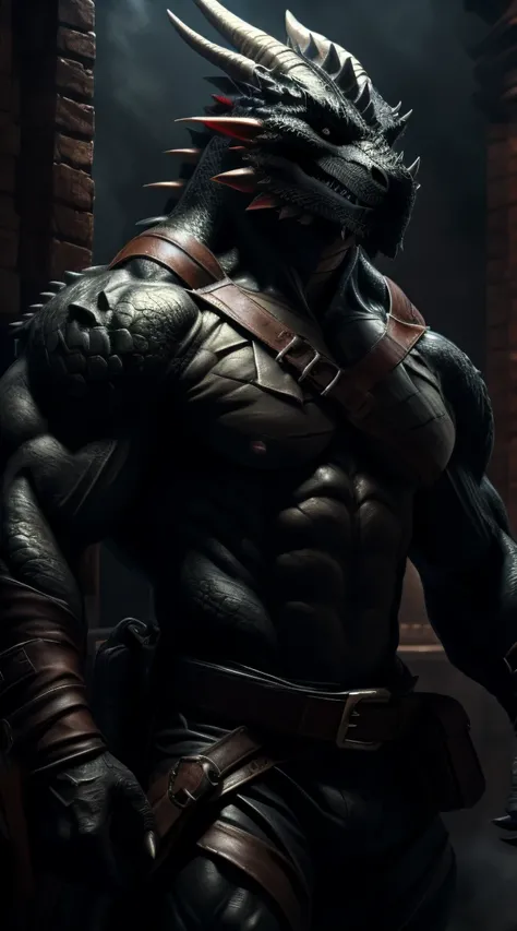 A dragon man, muscular, illustration, (best quality, 4k, highres, masterpiece:1.2), ultra-detailed, realistic, horror, sharp focus, vivid colors, abs, topless, black body with scales, black eyes, in motion, belts with pouches and bag