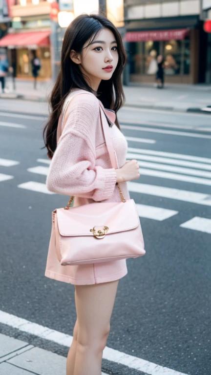 Beautiful woman, holding handbag in the middle of the street, short clothes, pink color, black long hair