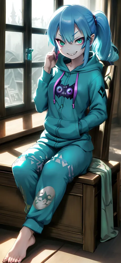 twilight princess, zelda twilight princess, nefarious smirk, shady, ashy, midna, goddess of mischief, giddy smirk, villainess, jinx, imp, sharp teeth, hoodie, pajama pants, sitting in chair, cyan blue hair, window with rain in background