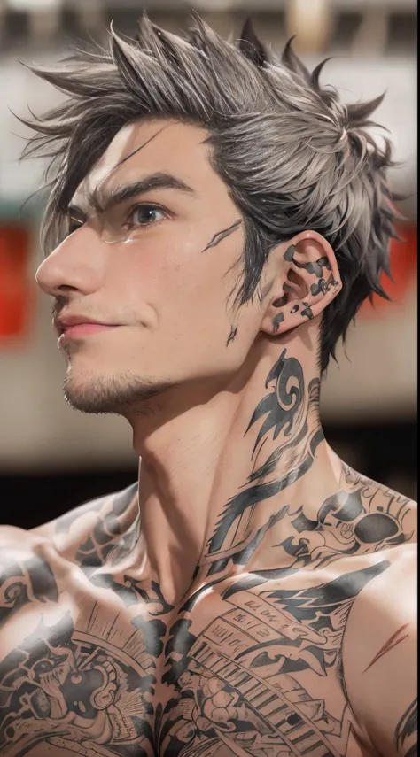 Un primer plano de un hombre rudo con tatuajes en el pecho y brazosas,en un gimnasio de boxeo,Chico guapo en el arte de Demon Slayer, Personaje masculino de anime, Arte detallado del personaje de anime, inspired by Itō Ogura Yonesuke, muscular character, P...