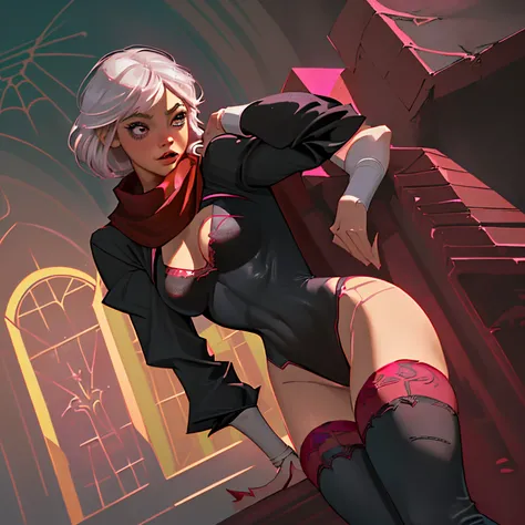 Spider Gwen, Gwen Stacy, aranhaverso, pink bra, red detail on bra, stockings, Black stockings, calcinha rosa, calcinha listrada, detalhe vermelho na calcinha, quarto, noite, red scarf, envergonhada, 8k, melhor qualidade,