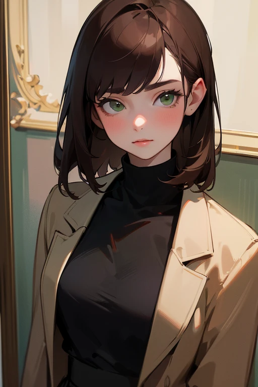 (best quality,4k,8k,highres,masterpiece:1.2),ultra-detailed,photorealistic:1.37,portrait,a young 18-year-old woman with dark brown hair and green eyes, wearing a burgundy turtleneck under a black blazer, and a short black skirt.