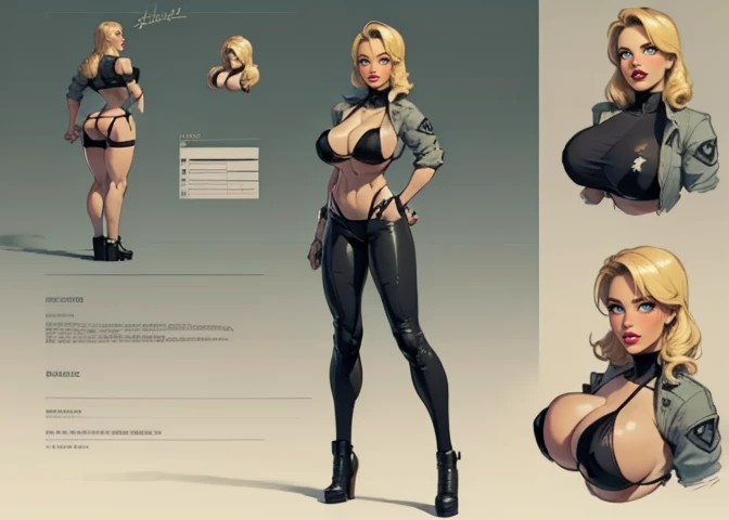 (Sonya Blade),((Character design sheet)),  environment Scene change, (((Masterpiece:1.4))), (Very detailed: 2), (Beautiful: 2), (giant breast:1.5), ( blonde hair: 1.6),((Masterpiece)), Highly detailed, Perfect, (A soldier&#39;s black bikini hangs&#39;unifo...