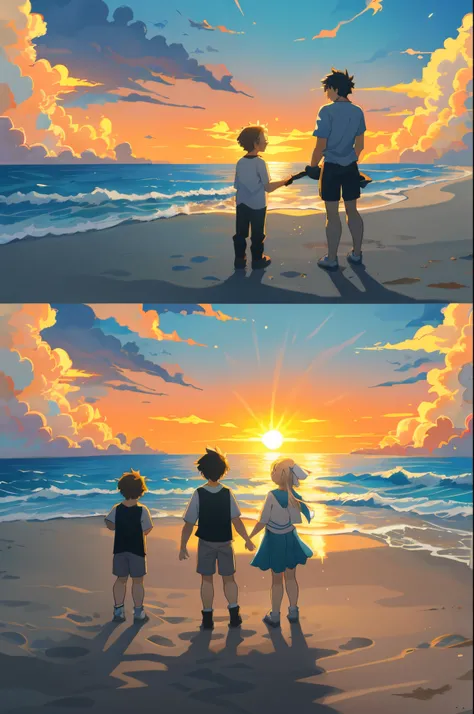 cover page, anime key visual, highres, top quality, best quality, paid reward available, High-quality illustrations, unparalleled masterpiece, perfect artwork, absurdres(family watching sunrise at the beach)(kemono family with two parents of diverse descen...