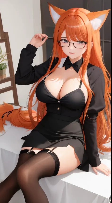 anime girl, 1 person, orange hair, glasses, Crown,maid,fox ear, Foxs tail, front view, big breasts, tights, sitting on desk,exposed chest, underwear, maid suit, shy, blushing, lifting skirt , bright sky, sitting cross-legged, high heels,exposed chest, unde...