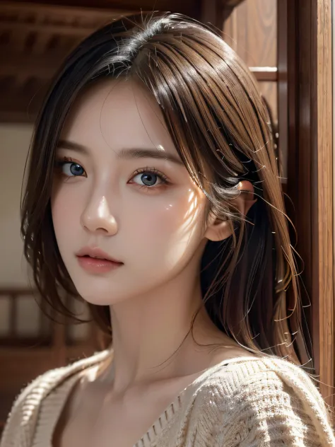 ​masterpiece、1 beautiful girl、detailed brown eyes、Puffy eyes、top-quality, 超A high resolution, (Realisticity: 1.4), cinematlic lighting、(japanes)、Asian Beauty、Super beauty、Beautiful skin、A slender、looking at viewert、Facing straight ahead、(A hyper-realistic)...