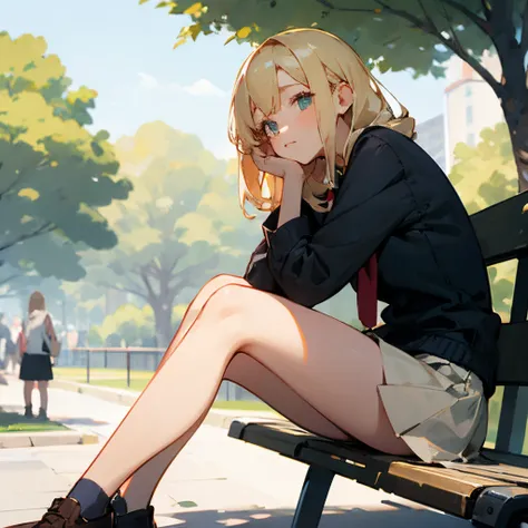 Blond hair girl sitting with minimal skirt in the park