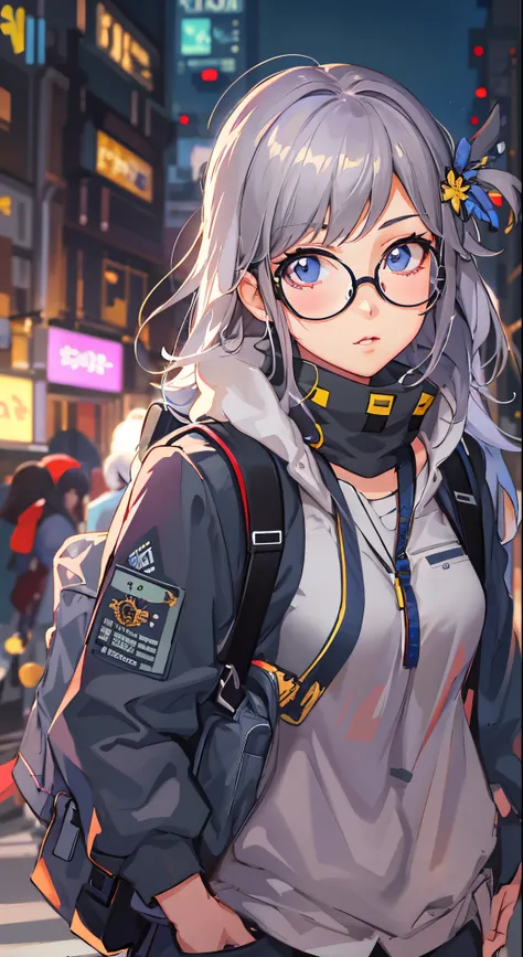 Anime girl with glasses and backpack on the city street, from girls frontline, Fine details. girls frontline, Trending on ArtStation pixiv, kawacy, guweiz on pixiv artstation, artwork in the style of guweiz, guweiz on artstation pixiv, girls frontline styl...