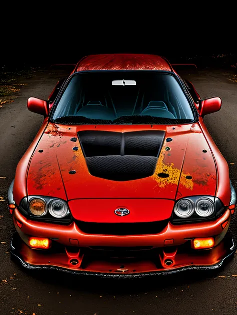 An old rusted Toyota Supra with a frightening face