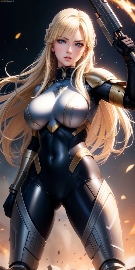 Blonde Valkyrie in special force suit, realistic face, realistic facial skin, realistic eyes, strong stance, sharp eye sight, beautiful big breast, bust breast, black background