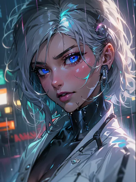 Woman 30 years face close (Emily Ratajkowski pov), short white hair, sidecut hair, tight sexy white swinsuit, cibernetic accessories, unbuttoned cyberpunk white jacket, no buttons, beautiful face, super detail eyes, perfect eyes, medium breasts, wet and so...