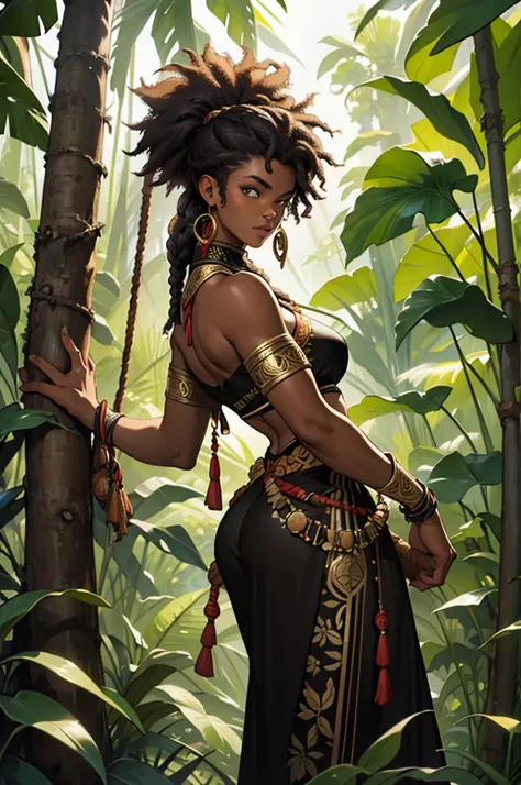 Art in the Alex Horley style, robust, athletic and full-length black woman, wearing traditional Afro attire, hidden among branches and leaves, Amazon rainforest scenery, 4k ultra HD images.