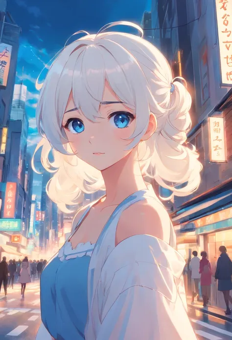 white color hair，Double ponytail curls，blue color eyes，White Lolita，Beth，A bustling city street