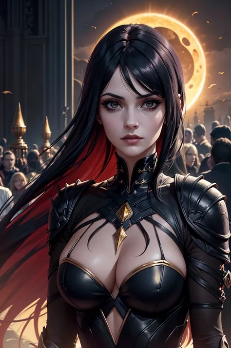 Uma personagem feminina usando capa, cabelos dourados curtos, In the midst of the crowd,Eclipse,goth clothing, detalhadas, 8k, magnificent art, dramatic scene, Eclipse at the apex of the image, Gothic armor with golden details, Vampiro, fluttering cover.