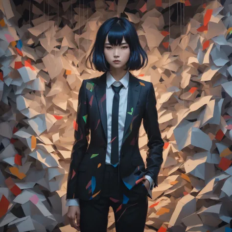 painting of a woman in a suit standing in front of a wall of paper, beeple and james jean, inspired by Yanjun Cheng, james jean soft light 4k, james jean soft light 4 k, by Yanjun Cheng, by Russell Dongjun Lu, girl in a suit, rei kawakubo artwork, girl in ...