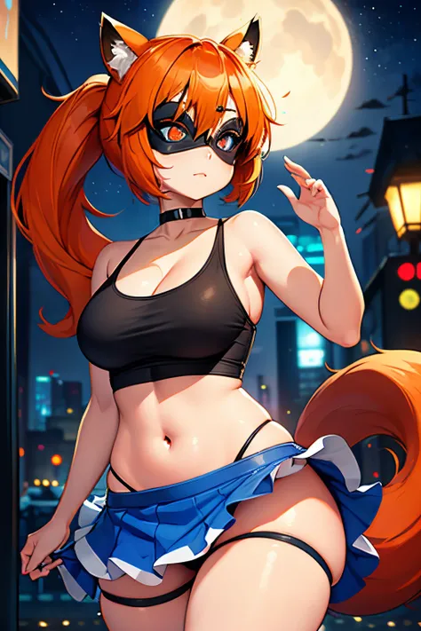 Cute Raccoon girl. ((The Incredible movie large eye mask)). Orange hair. ((Blue eyes)). Mini skirt. Skimpy top tank. Large breasts. Fluffy tail. Dirty skin. Night club. (Poney tail haircut). Chubby cheeks