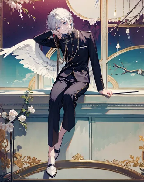 male angel sitting on rebar、full body Esbian、an legs、shoe、trouser