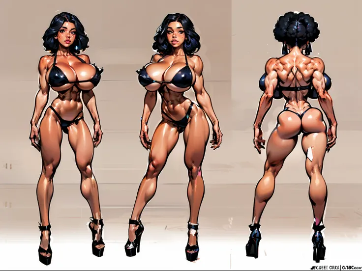 ((Masterpiece)),(((Best Quality))),((Character design sheet)), ((full body view)) ((Afro-American Girl)) mature face, delineated cheekbones, high cheekbones, illustartion, muscular, Sexy Bimbo, (giant breast:1.7) black hair, ((Detailed Face:1.4)) a handsom...