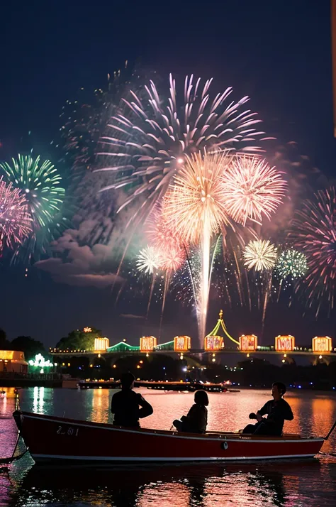 theme park。people watching fireworks on a boat々Group photo with no face。delight。Reflected Light