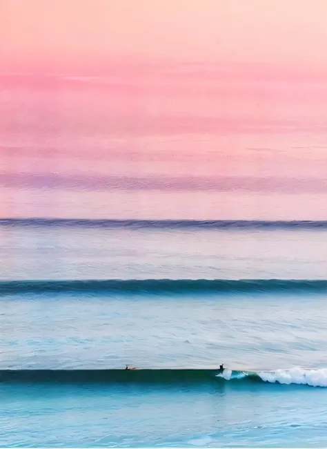 surfers are riding the waves in the ocean at sunset, dream wave aesthetic, pastelwave, pastel sunset, looking out at a pink ocean, shades of pink and blue, ((waves, pink hues, calm waves, pastel overflow, dreamy colors, serene colors, pastels colours, pink...