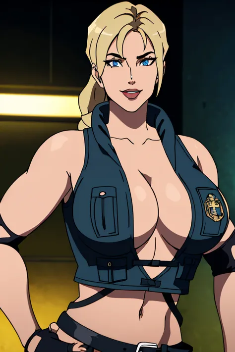 8k, best quality, real picture, intricate details, ultra-detailed, ultra highres, depth field, ,masterpiece  ((sonyablade)), european woman, cleavage, wearing a jacket, fingerless gloves, hand on hips, ((huge breasts: 1.4)),crop top, blue eyes, blonde hair...