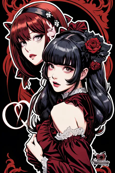 Beautiful Hardcore Illustration homepage illustration style, dark, high resolution, hard touch illustration, strong outline, two girls, gothic & lolita style, gothic & lolita fashion, 8k, American comic style, colorful background, Hiroyuki Nagasaka, aggres...