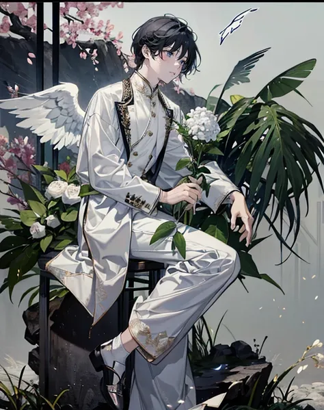 male angel sitting on rebar、full body Esbian、holding broken wings、fashionable、dior、an legs、shoe、trouser