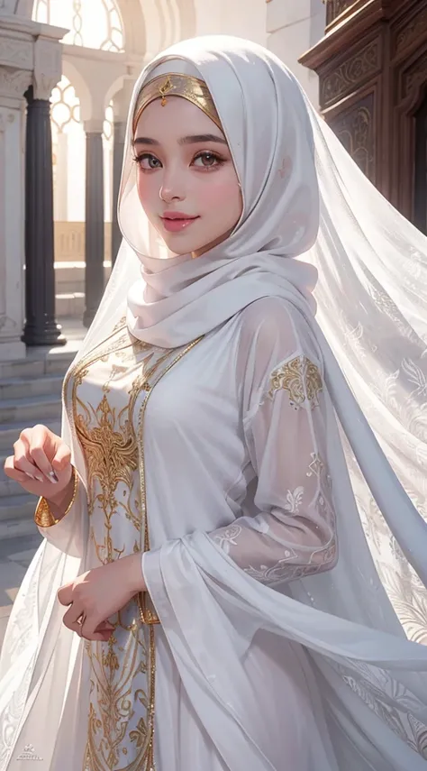 annia a veiled girl wearing a white hijab, a hidden hijab, a religious girl, a respectable girl wearing a white abaya with golden decorations and engravings, hazel eyes, white skin, pink lips, a refreshing smile, a lively girl, a movie scene, high resoluti...