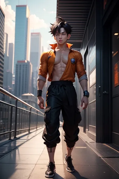 Real life young guy Goku of dragon ball series, realistic, detailed, perfect, perfect eyes, detailed face, black hair, fit, in a futuristic city of 2050