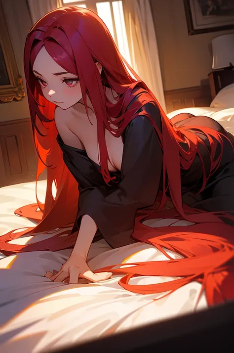 Beautiful young girl, long scarlet hair, well-lit, bedroom, succubus.