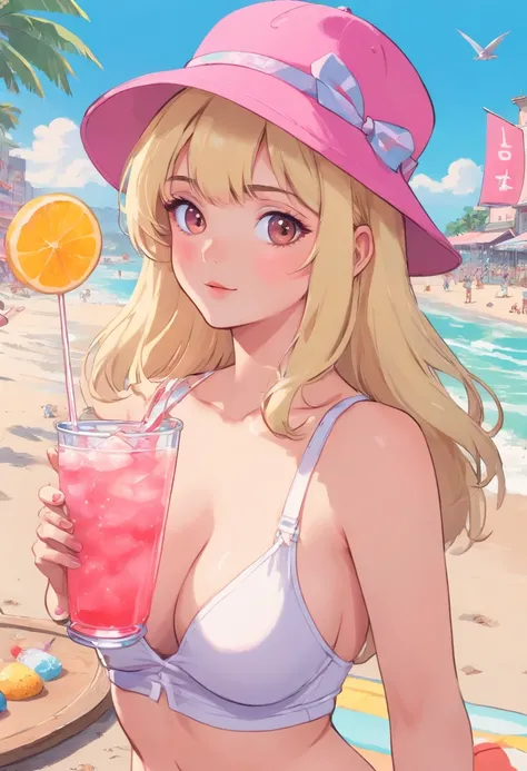 blonde woman in a pink hat holding a drink on a summer beach, (((naked))), (((NSFW))), (((sex))), (((no underwear))), (((show pussy))), (((bare pussy))), (((big breast))), candy girl, white tank top with a print, bubblegum body, 90s style, 9 0 s vibe, 🎀 🧟 ...