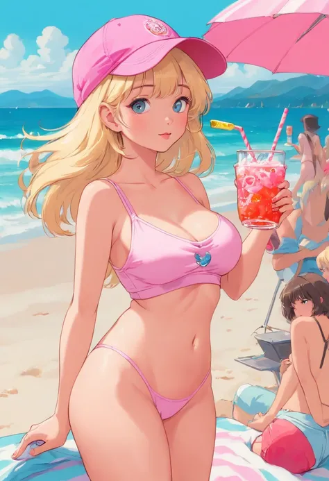 blonde naked woman in a pink hat holding a drink on a summer beach, (((naked))), (((NSFW))), (((sex))), (((no underwear))), (((show pussy))), (((bare pussy))), (((big breast))), candy girl, white tank top with a print, bubblegum body, 90s style, 9 0 s vibe...