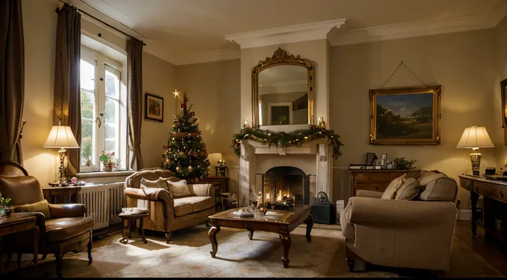 Masterpiece, high quality, Christmas in an old castle hotel in Germany, Heartwarming living room